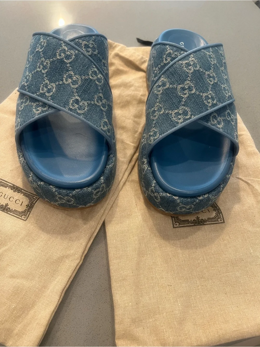 Gucci Blue GG Denim Crisscross Slide Sandals